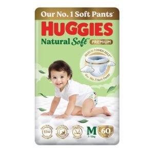Huggies Natural Soft Premium Baby Diaper Pants, Our No.1 Soft Pants, Medium (M) Size (7-12 Kgs), Pack of 60 diapers | Cloud Softness All over with India's 1st Cloud Touch Belt