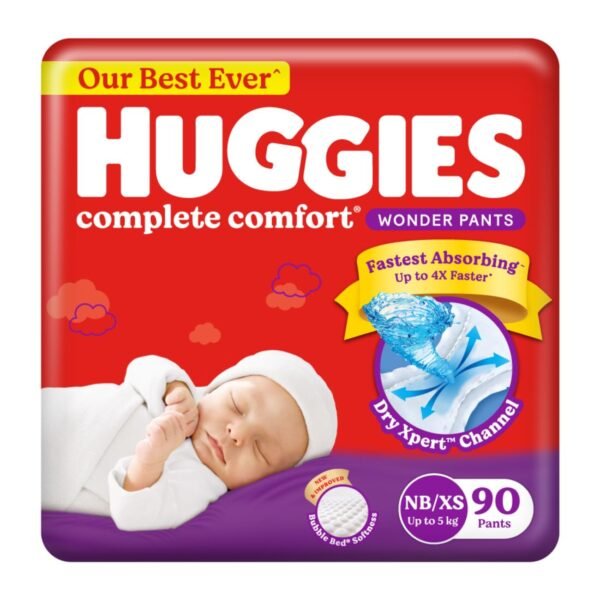 Huggies Complete Comfort Wonder Pants | Pant Style Baby Diapers New Born / XS Size, 90 Count | Fastest Absorbing Diaper, Patented Dry Xpert Channel, Ideal for 0-5 Kgs