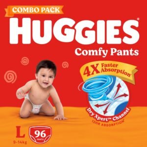 Huggies Comfy Pants Baby Diaper, Large (L) Size (9-14 Kgs), Pack of 96
