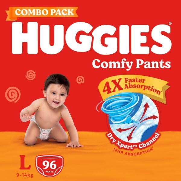 Huggies Comfy Pants Baby Diaper, Large (L) Size (9-14 Kgs), Pack of 96