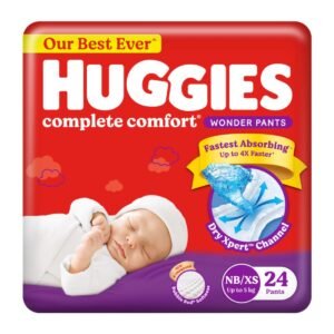 Huggies Complete Comfort Wonder Pants | Pant Style Baby Diapers New Born / XS Size, 24 Count |Fastest Absorbing Diaper, Patented Dry Xpert Channel, Ideal for 0-5 Kgs