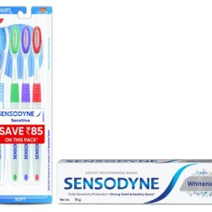Sensodyne Sensitive Manual Toothbrush with Soft Bristles for adult Pack - 4 Pieces,Multicolor & Sensodyne Toothpaste Whitening, Sensitive tooth paste to restore natural whiteness, 70 gm