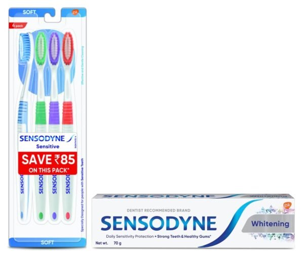 Sensodyne Sensitive Manual Toothbrush with Soft Bristles for adult Pack - 4 Pieces,Multicolor & Sensodyne Toothpaste Whitening, Sensitive tooth paste to restore natural whiteness, 70 gm