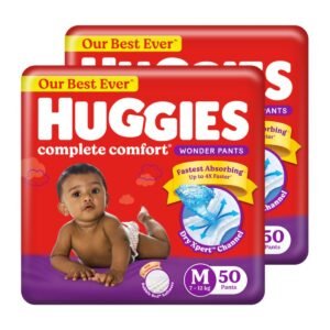 Huggies Complete Comfort Wonder Pants | Pant Style Baby Diapers M Size, 100 Count |Fastest Absorbing Diaper, Patented Dry Xpert Channel, Ideal for 7 to 12 Kgs
