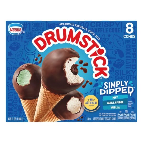 Drumstick, Simply Dipped Variety (Vanilla, Vanilla Fudge, Mint), 8 Count (Frozen) - Image 2