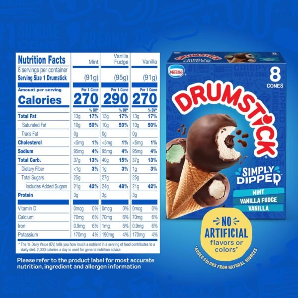 Drumstick, Simply Dipped Variety (Vanilla, Vanilla Fudge, Mint), 8 Count (Frozen) - Image 3