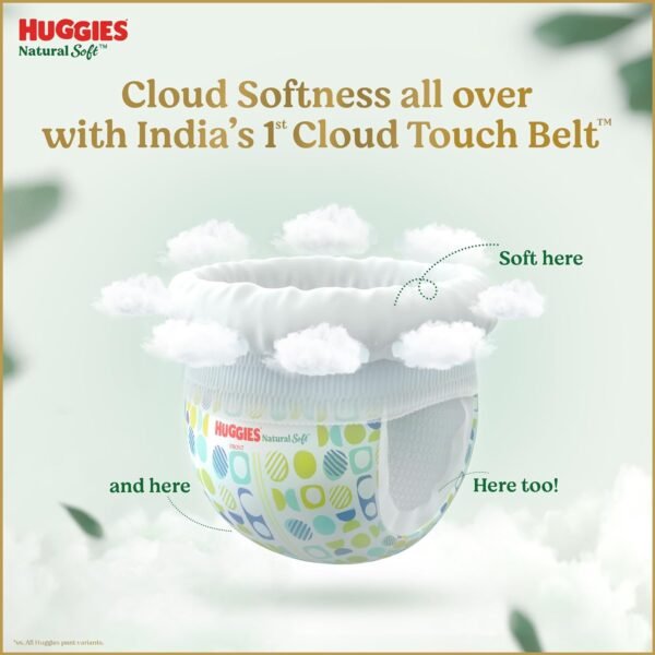 Huggies Natural Soft Premium Baby Diaper Pants, Our No.1 Soft Pants, Newborn/Extra Small (XS) Size (0-5 Kgs), Pack of 76 | Cloud Softness All over with 1st Cloud Touch Belt - Image 3