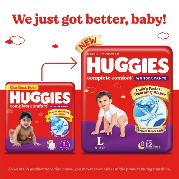 Huggies Complete Comfort Wonder Pants | Pant Style Baby Diapers Large Size, 64 Count | Fastest Absorbing Diaper, Prevents Diaper Rash, Ideal for 9 to 14 Kgs - Image 2