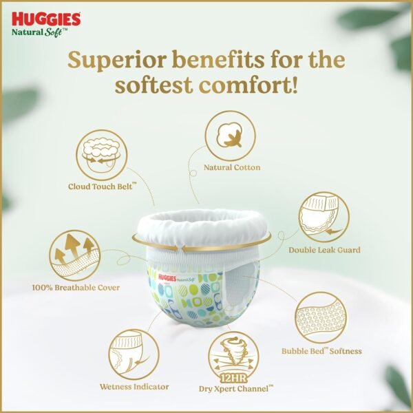 Huggies Natural Soft Premium Baby Diaper Pants, Our No.1 Soft Pants, Newborn/Extra Small (XS) Size (0-5 Kgs), Pack of 76 | Cloud Softness All over with 1st Cloud Touch Belt - Image 5