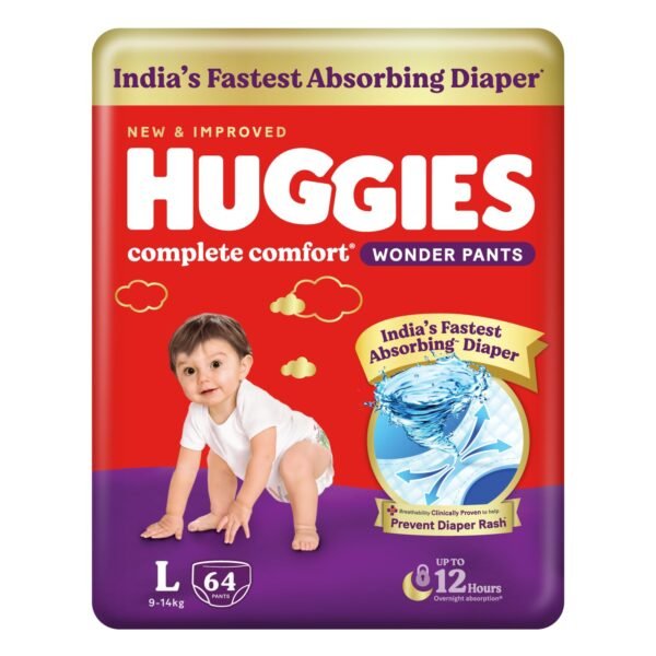 Huggies Complete Comfort Wonder Pants | Pant Style Baby Diapers Large Size, 64 Count | Fastest Absorbing Diaper, Prevents Diaper Rash, Ideal for 9 to 14 Kgs
