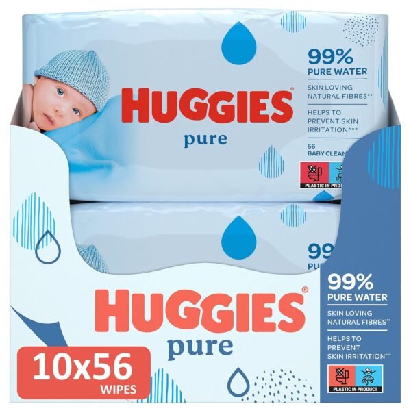 Huggies Pure Baby Wipes - Pack of 10 (10 x 56 Packs, Total 560 Wipes) - Image 2